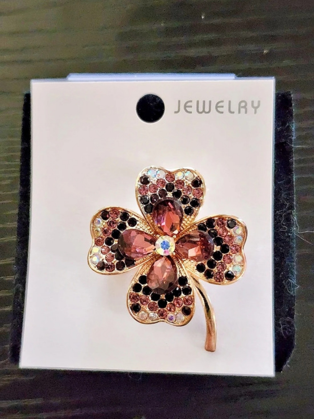 Rhinestone Four Leaf Clover Brooch Brown Gold